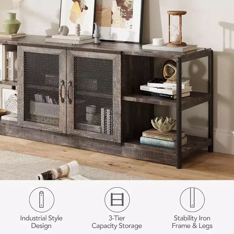 Meuble TV industriel de 160 cm avec 2 étagères ouvertes et 2 portes en maille, Console de centre de divertissement