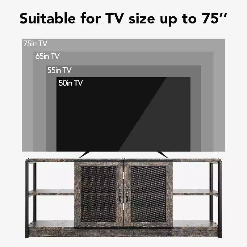 Meuble TV industriel de 160 cm avec 2 étagères ouvertes et 2 portes en maille, Console de centre de divertissement