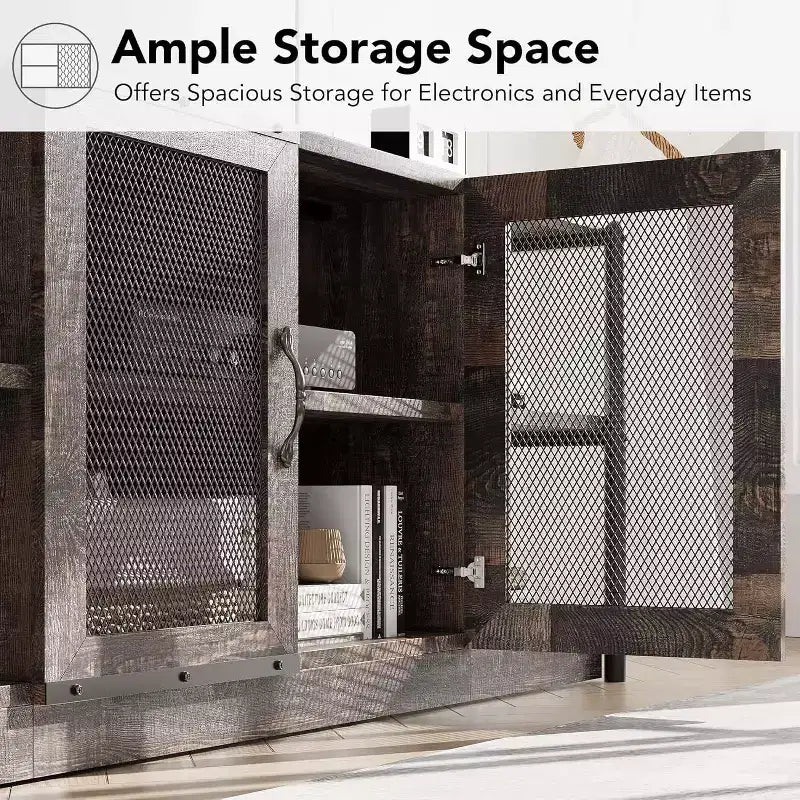 Meuble TV industriel de 160 cm avec 2 étagères ouvertes et 2 portes en maille, Console de centre de divertissement