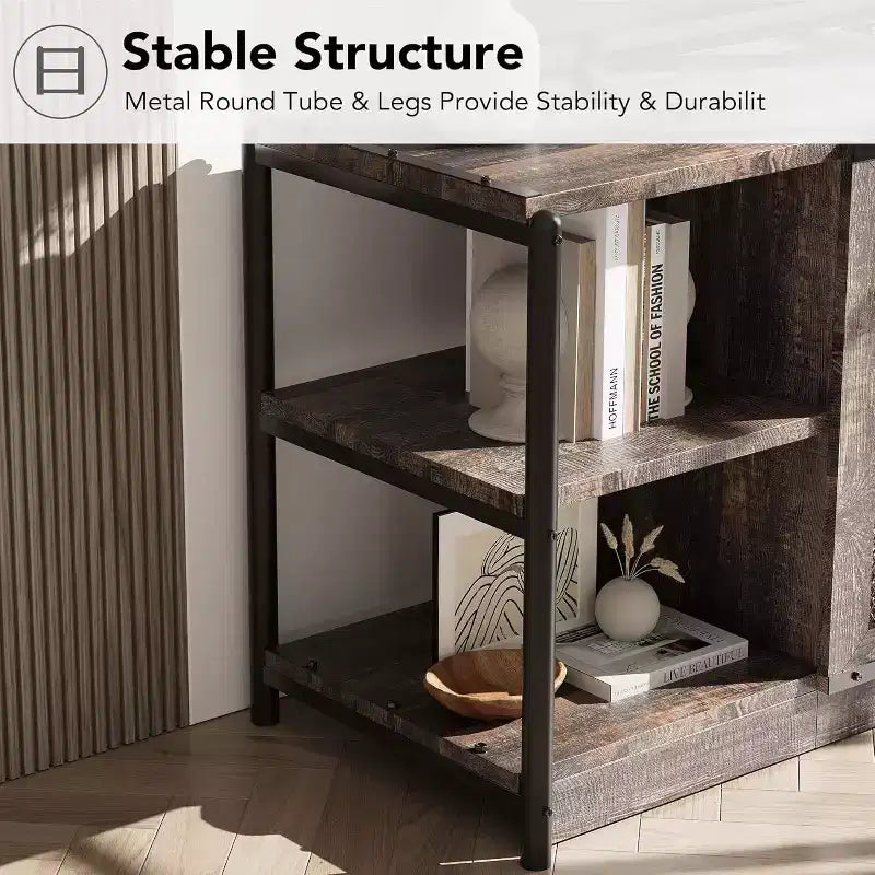 Meuble TV industriel de 160 cm avec 2 étagères ouvertes et 2 portes en maille, Console de centre de divertissement
