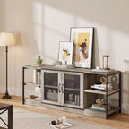 Meuble TV industriel de 160 cm avec 2 étagères ouvertes et 2 portes en maille, Console de centre de divertissement