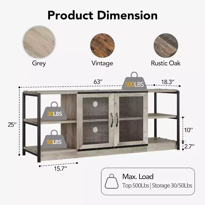 Meuble TV industriel de 160 cm avec 2 étagères ouvertes et 2 portes en maille, Console de centre de divertissement