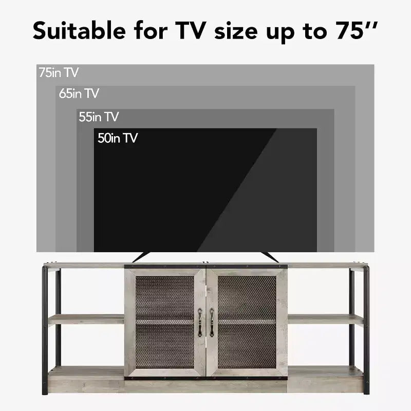 Meuble TV industriel de 160 cm avec 2 étagères ouvertes et 2 portes en maille, Console de centre de divertissement