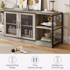 Meuble TV industriel de 160 cm avec 2 étagères ouvertes et 2 portes en maille, Console de centre de divertissement