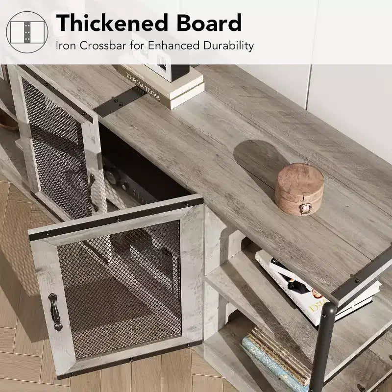 Meuble TV industriel de 160 cm avec 2 étagères ouvertes et 2 portes en maille, Console de centre de divertissement