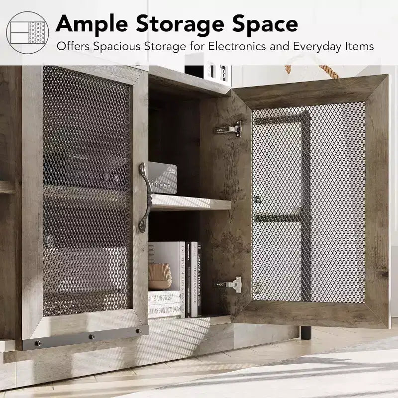 Meuble TV industriel de 160 cm avec 2 étagères ouvertes et 2 portes en maille, Console de centre de divertissement