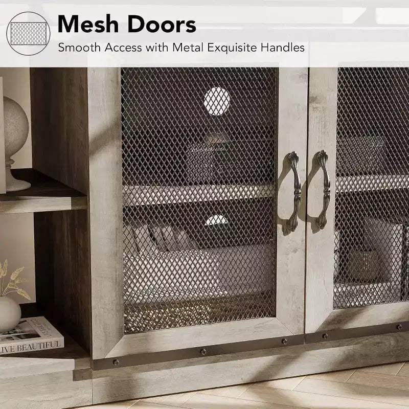 Meuble TV industriel de 160 cm avec 2 étagères ouvertes et 2 portes en maille, Console de centre de divertissement