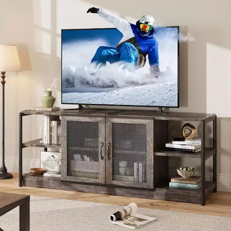 Meuble TV industriel de 160 cm avec 2 étagères ouvertes et 2 portes en maille, Console de centre de divertissement