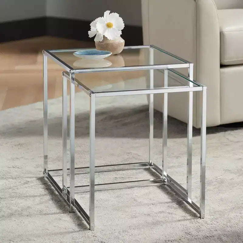 Studio 55D Rodney Tables gigognes carrées modernes chromées lot de 2, 40 cm de large, argent, plateau en verre transparent pour salon, chambre