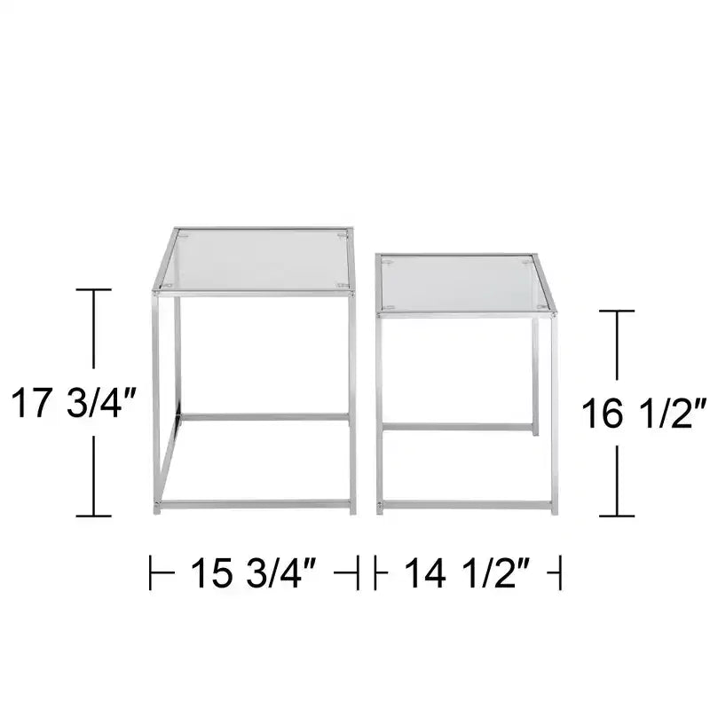 Studio 55D Rodney Tables gigognes carrées modernes chromées lot de 2, 40 cm de large, argent, plateau en verre transparent pour salon, chambre