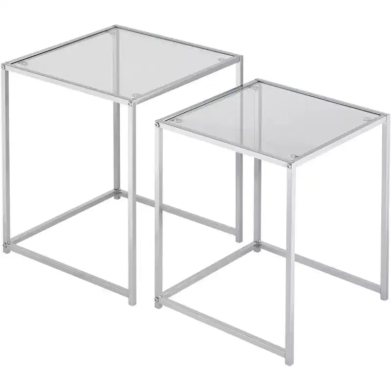 Studio 55D Rodney Tables gigognes carrées modernes chromées lot de 2, 40 cm de large, argent, plateau en verre transparent pour salon, chambre