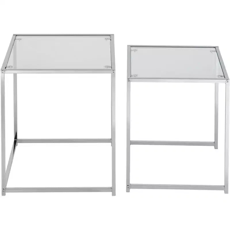 Studio 55D Rodney Tables gigognes carrées modernes chromées lot de 2, 40 cm de large, argent, plateau en verre transparent pour salon, chambre