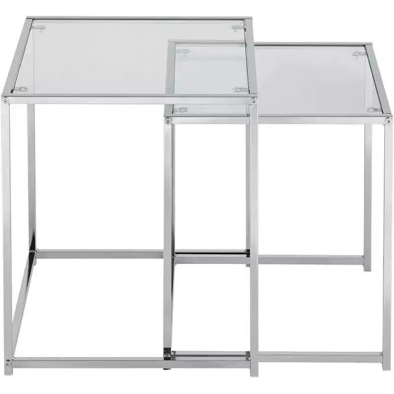 Studio 55D Rodney Tables gigognes carrées modernes chromées lot de 2, 40 cm de large, argent, plateau en verre transparent pour salon, chambre