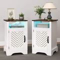 RoyalCraft Farmhouse Nightstand, Wooden End Table Set with LED Lights and Charging Station for Bedrooms or Home Offices, Set of 2, Antique White