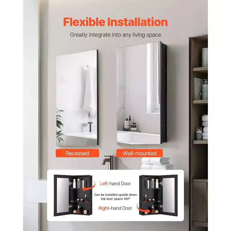 Armoire de toilette 14x24 pouces avec miroir, cadre en aluminium, noire