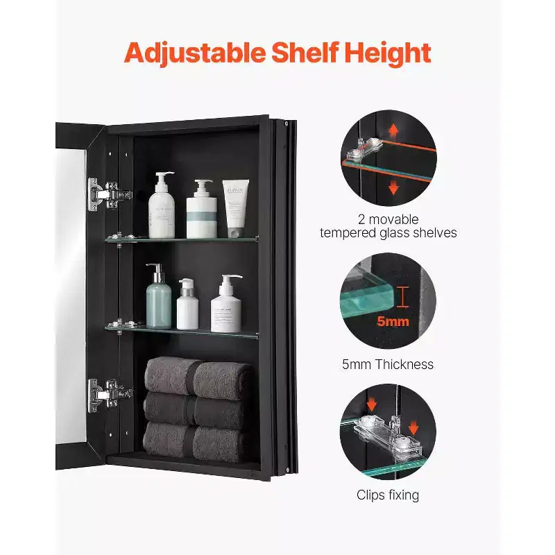 Armoire de toilette 14x24 pouces avec miroir, cadre en aluminium, noire