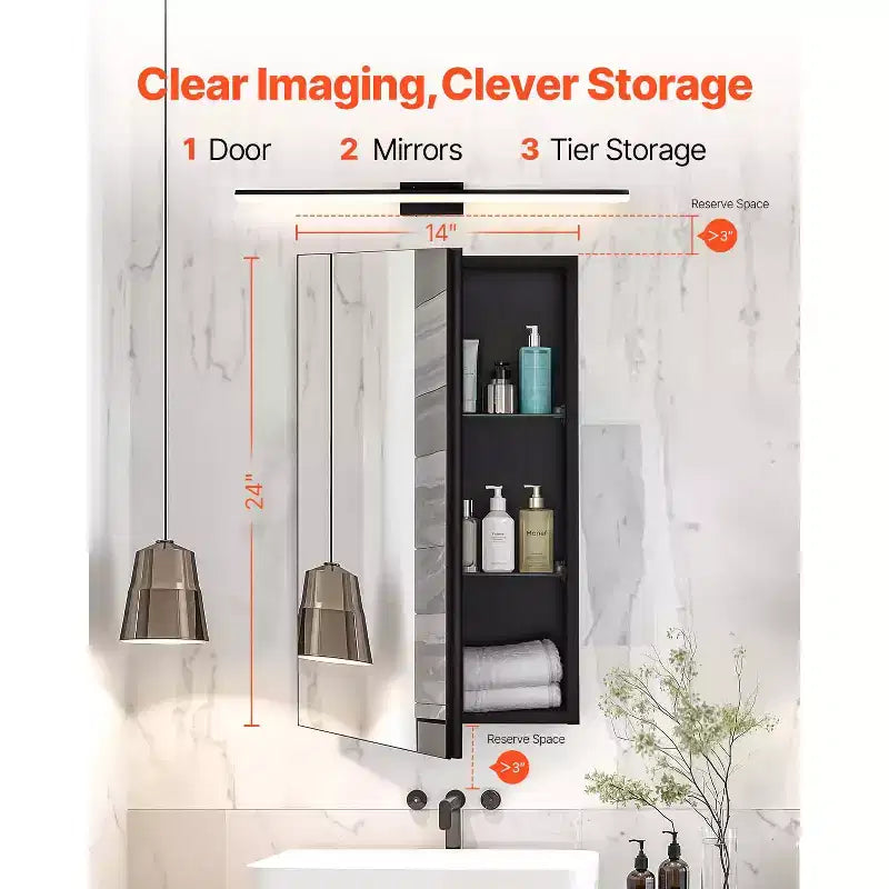 Armoire de toilette 14x24 pouces avec miroir, cadre en aluminium, noire