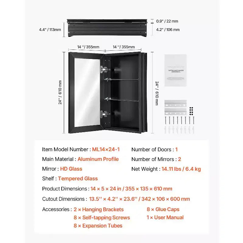 Armoire de toilette 14x24 pouces avec miroir, cadre en aluminium, noire
