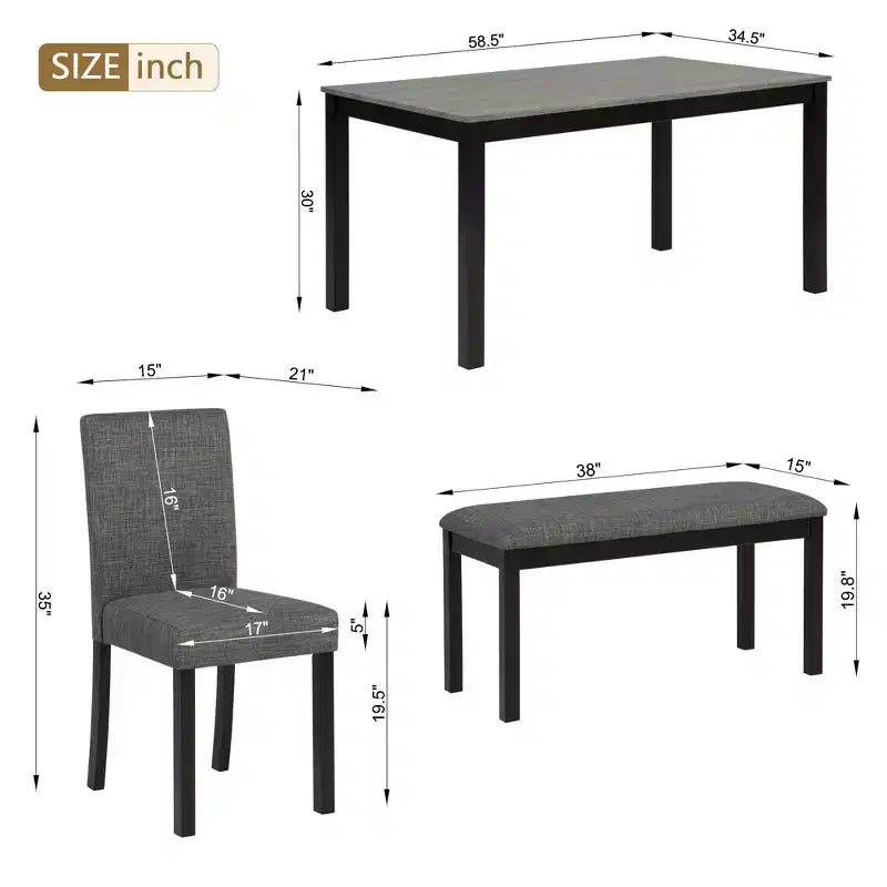 Ensemble de salle à manger moderne 6 pièces en tissu rembourré et bois avec banc