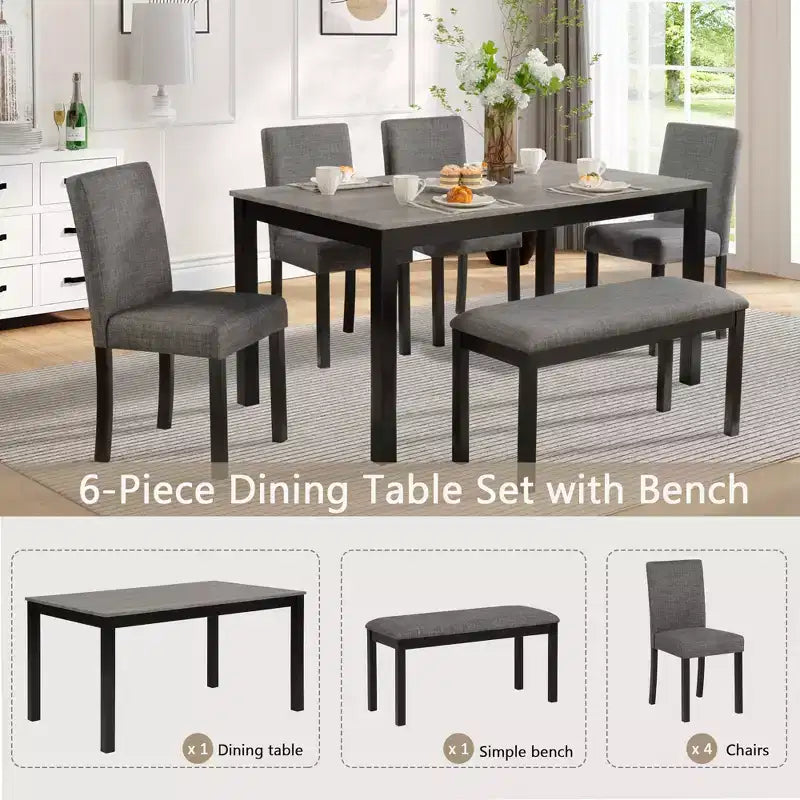 Ensemble de salle à manger moderne 6 pièces en tissu rembourré et bois avec banc