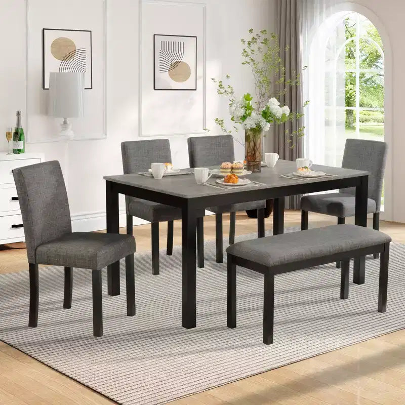 GDFStudio Castner Modern Fabric Upholstered Wood 6 Piece Dining Set with Bench