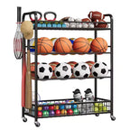Sports Equipment Organizer, Ball Storage Rack - 4-Tier Rolling Gear Holder with Wheels, 2 Ball Baskets & Baseball Bat Holder for Garage