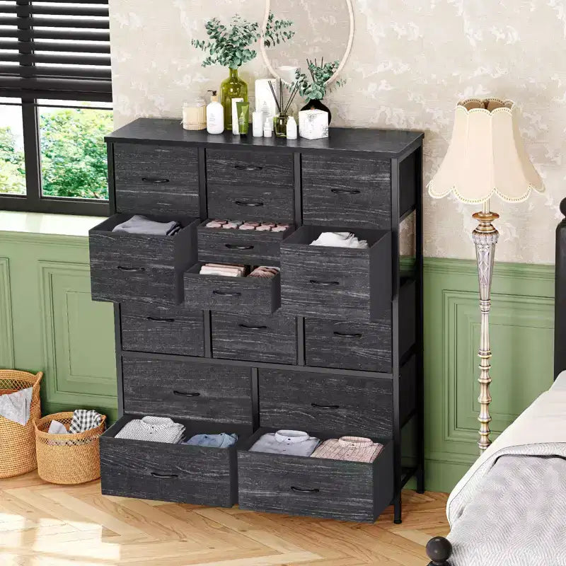 Tour de rangement haute à 15 tiroirs, tiroirs en tissu, cadre en métal et plateau en bois