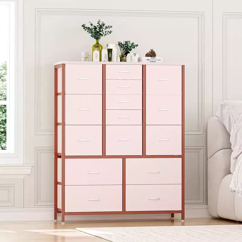 Tour de rangement haute à 15 tiroirs, tiroirs en tissu, cadre en métal et plateau en bois
