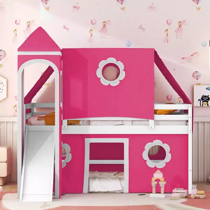 Lit mezzanine bas jumeau avec toboggan et escalier de rangement, lit mezzanine en bois avec tente et tour pour garçons et filles