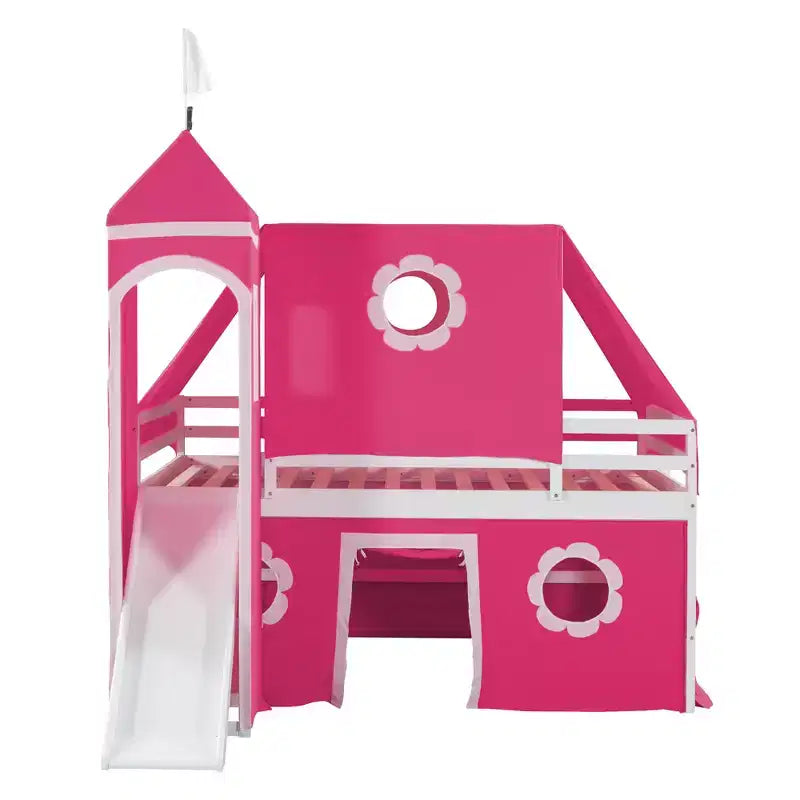 Lit mezzanine bas jumeau avec toboggan et escalier de rangement, lit mezzanine en bois avec tente et tour pour garçons et filles