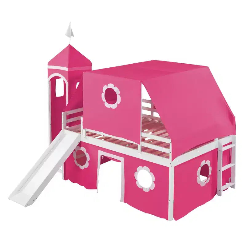 Lit mezzanine bas jumeau avec toboggan et escalier de rangement, lit mezzanine en bois avec tente et tour pour garçons et filles