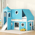 Low Loft Bed Twin Size with Slide and Storage Stairs, Wood Plyhouse Loft Bed with Tent & Tower for Boys & Girls