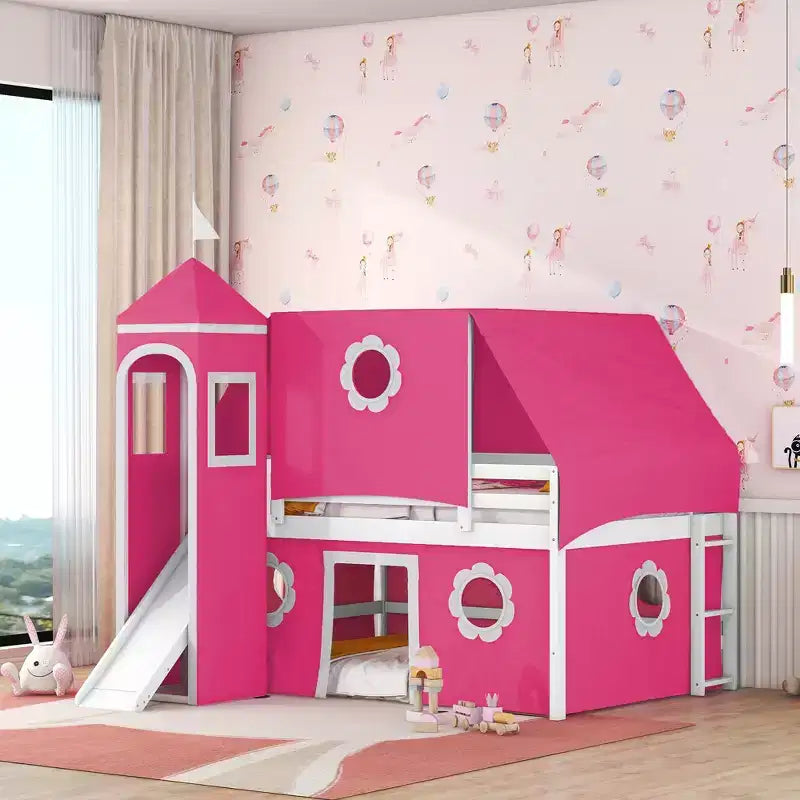 Lit mezzanine bas jumeau avec toboggan et escalier de rangement, lit mezzanine en bois avec tente et tour pour garçons et filles