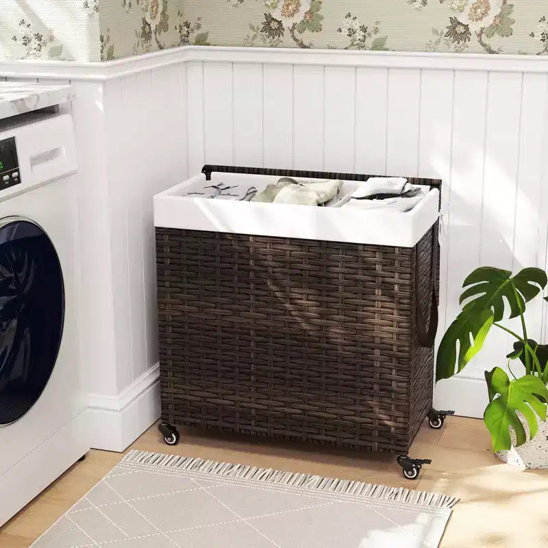 Panier à Linge 3 Sections de 125 L avec Roues, Couvercle et 2 Sacs de Doublure Amovibles