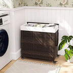 Panier à Linge 3 Sections de 125 L avec Roues, Couvercle et 2 Sacs de Doublure Amovibles