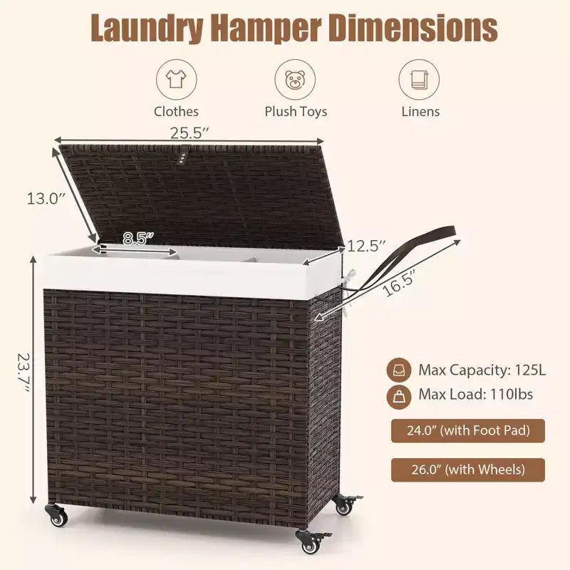 Panier à Linge 3 Sections de 125 L avec Roues, Couvercle et 2 Sacs de Doublure Amovibles