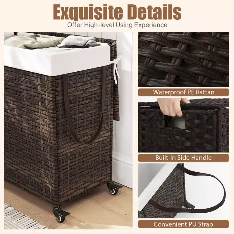 Panier à Linge 3 Sections de 125 L avec Roues, Couvercle et 2 Sacs de Doublure Amovibles