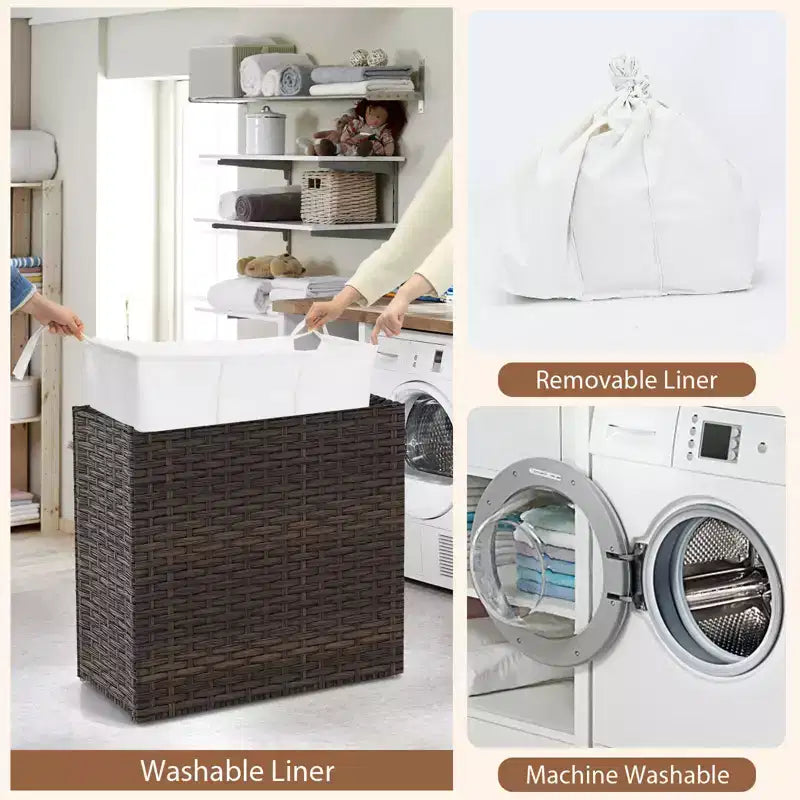 Panier à Linge 3 Sections de 125 L avec Roues, Couvercle et 2 Sacs de Doublure Amovibles