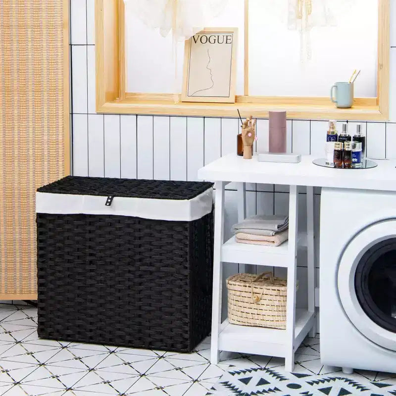 Panier à Linge 3 Sections de 125 L avec Roues, Couvercle et 2 Sacs de Doublure Amovibles
