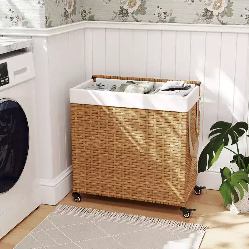 Panier à Linge 3 Sections de 125 L avec Roues, Couvercle et 2 Sacs de Doublure Amovibles