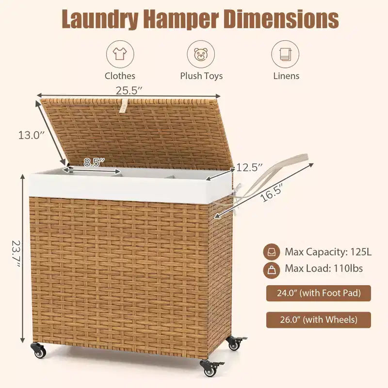 Panier à Linge 3 Sections de 125 L avec Roues, Couvercle et 2 Sacs de Doublure Amovibles