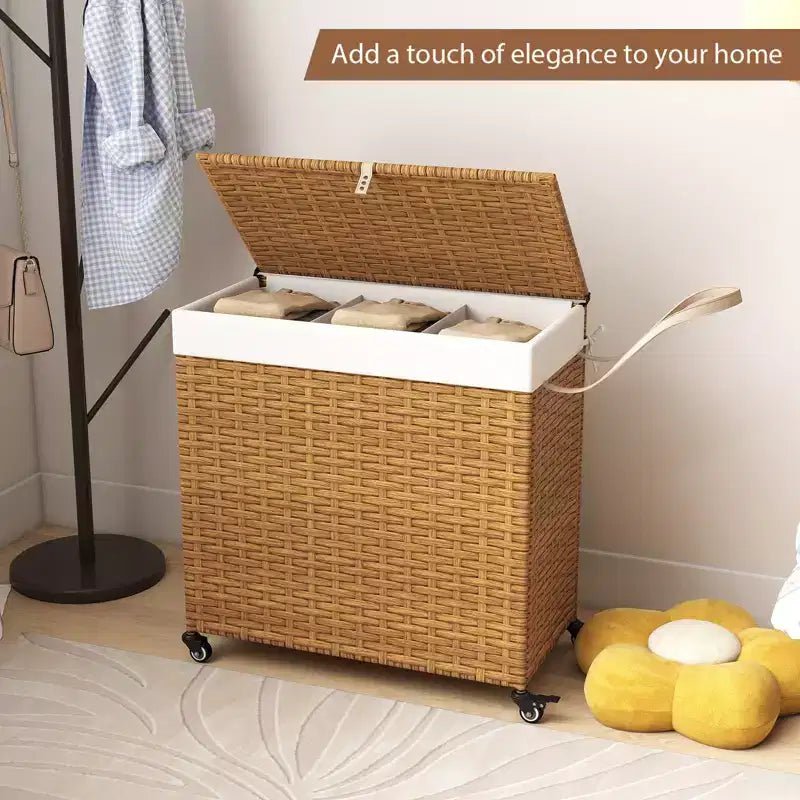 Panier à Linge 3 Sections de 125 L avec Roues, Couvercle et 2 Sacs de Doublure Amovibles