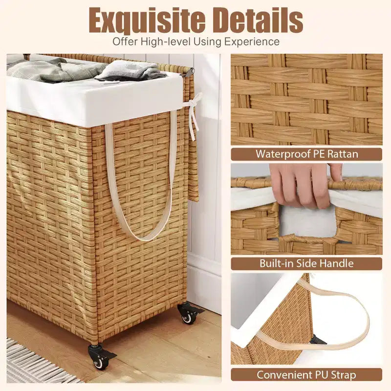 Panier à Linge 3 Sections de 125 L avec Roues, Couvercle et 2 Sacs de Doublure Amovibles