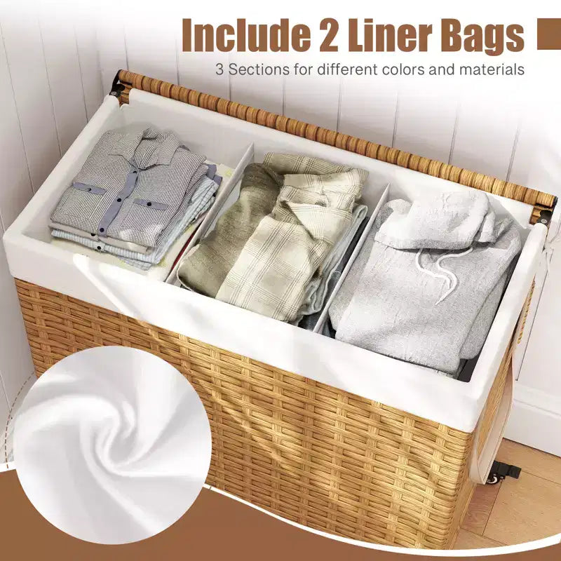 Panier à Linge 3 Sections de 125 L avec Roues, Couvercle et 2 Sacs de Doublure Amovibles