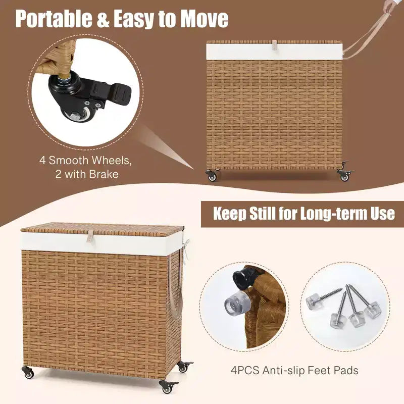 Panier à Linge 3 Sections de 125 L avec Roues, Couvercle et 2 Sacs de Doublure Amovibles