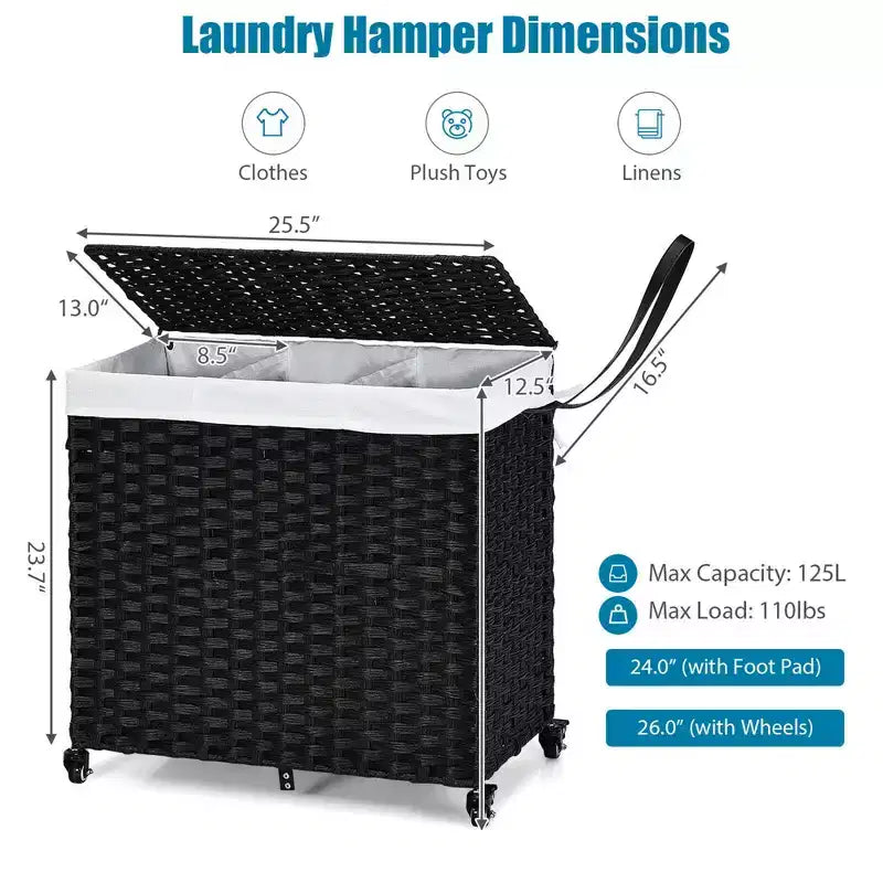 Panier à Linge 3 Sections de 125 L avec Roues, Couvercle et 2 Sacs de Doublure Amovibles