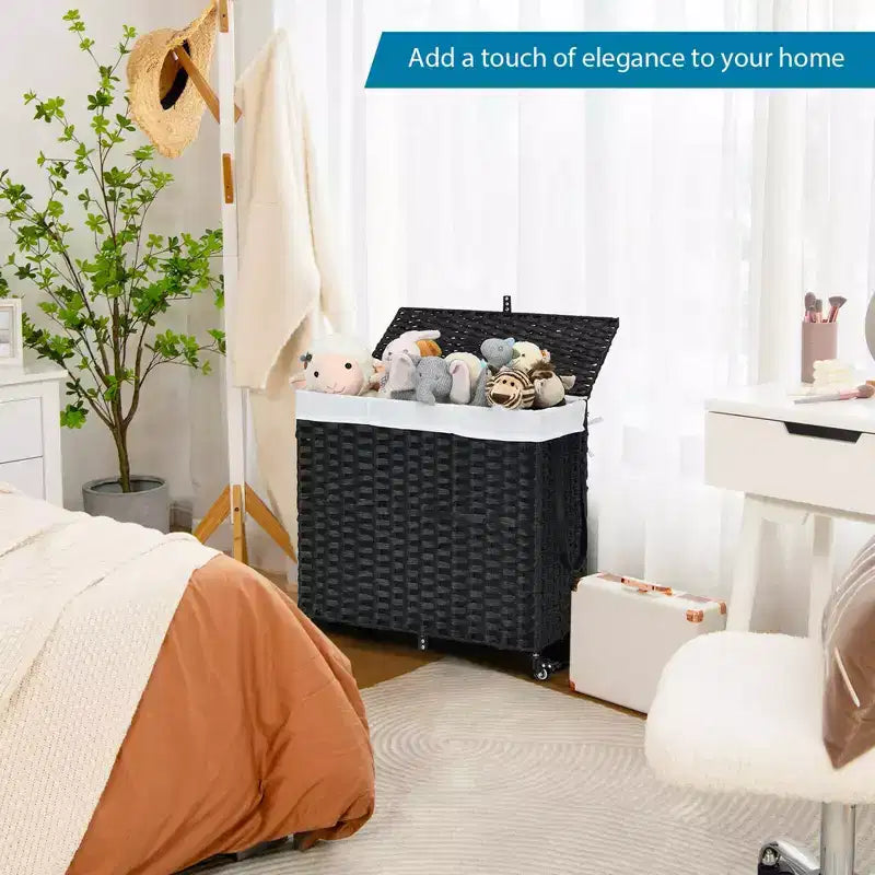 Panier à Linge 3 Sections de 125 L avec Roues, Couvercle et 2 Sacs de Doublure Amovibles