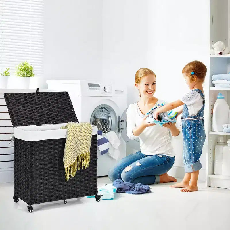 Panier à Linge 3 Sections de 125 L avec Roues, Couvercle et 2 Sacs de Doublure Amovibles