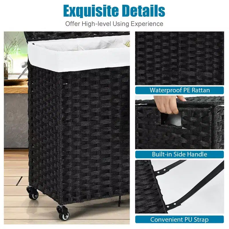 Panier à Linge 3 Sections de 125 L avec Roues, Couvercle et 2 Sacs de Doublure Amovibles