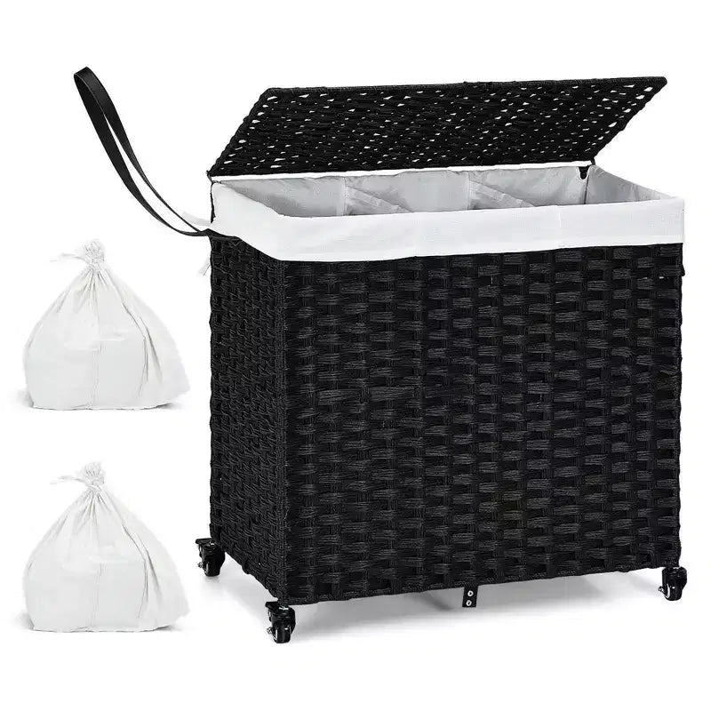 Costway Laundry Hamper w/Wheels & Lid, 125L 3-Section Clothes Hamper w/2 Liner Bags